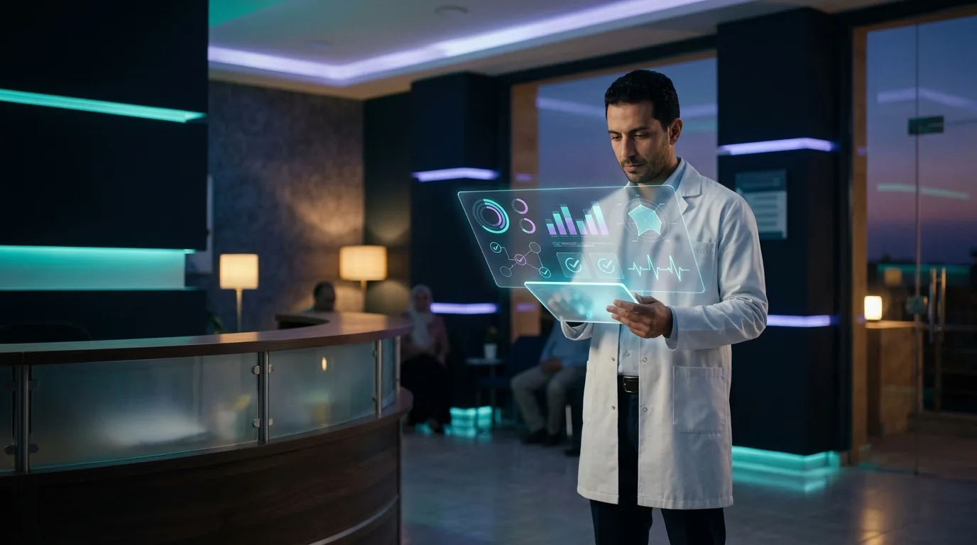 Doctor in a TabibAI partner clinic reviewing an AI-organized patient intake on a glowing tablet